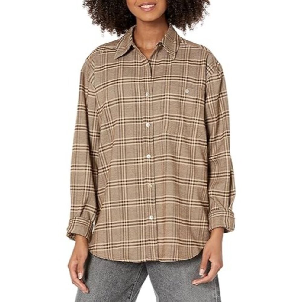 NIA Women's Samira Oversized Long Sleeved Brown Plaid Button Down Shirt Large